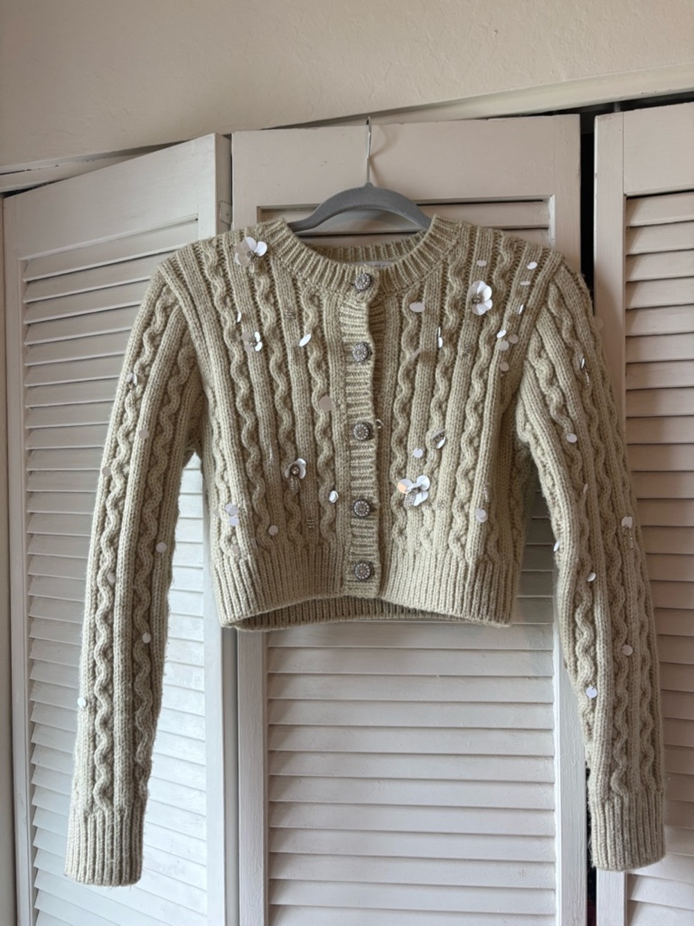 Zara Cream Cable Knit Sequin Cropped Cardigan